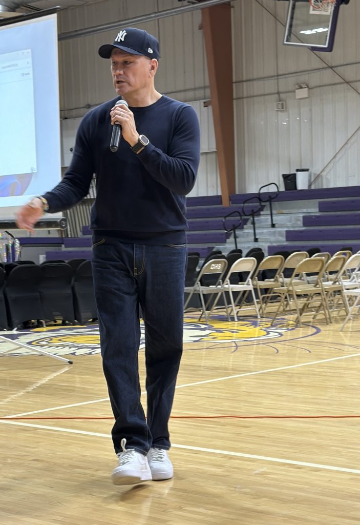 Litefoot Indigenous Creative Artist and Speaker Litefoot speaking at Dupree HS gymnasium setting